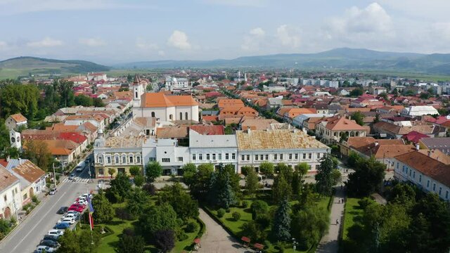 Aerial shot above Turda city centre in Transylvania, Romania