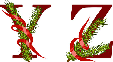 letter in christmas style with fir and ribbon