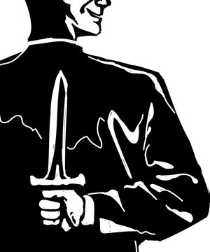 Treacherous concept man holding knife behind body hand drawn white isolated background