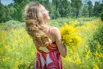 Naklejka na ściany i meble In summer, on a bright sunny day, a girl stands in a bright red dress on a blooming field.