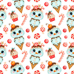 Cute cartoon Christmas seamless pattern. Christmas ice cream snowman and candies on a white background.