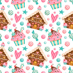 Cute cartoon Christmas seamless pattern. Christmas gingerbread houses seamless pattern on white background. Christmas pink pattern for girls.