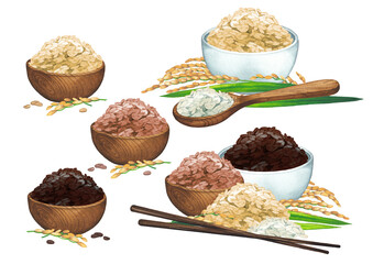 Watercolor seamless pattern of compositions with three types of rice grains and plants