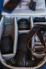 Photography equipment in a travel bag