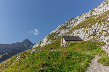 The top the Santis mountain with its weather station in the Alpstein range Appenzell, Switzerland...