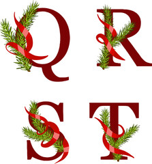 Letters in Christmas style with fir and ribbon