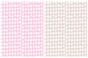 Cute Abstract Geometric Vector Pattern. White Hand Drawn Irregular Diamonds Isolated on a Pastel Pink and Light Beige Backgrounds. Lovely Pastel Color Delicate Layouts. Funny Infantile Style Design.