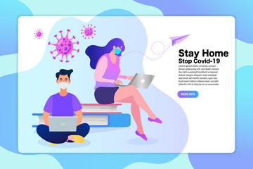 Stay at home during the coronavirus epidemic. People works from home. Vector illustration in flat style.