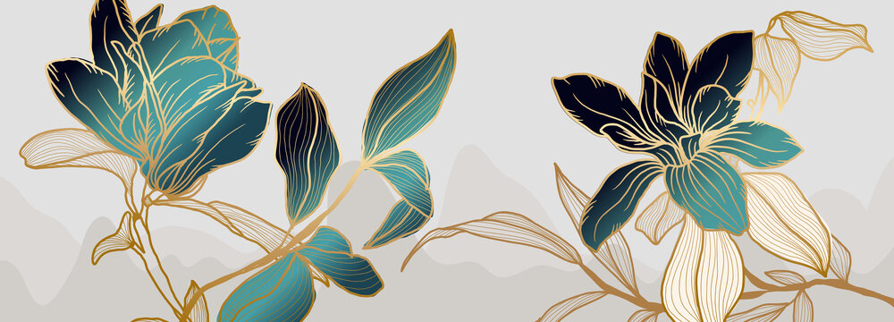 Luxury Green And White Magnolia Flower Background Vector With Golden Metallic Decorate