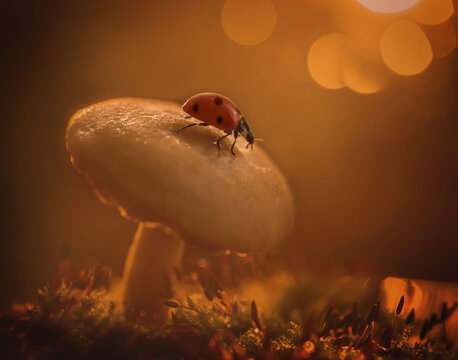 Ladybug on champignon on a gold background with bokeh. Insect on a mushroom. Macro. Beautiful bokeh.