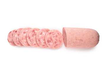 Boiled sausage isolated on white background. Slices.