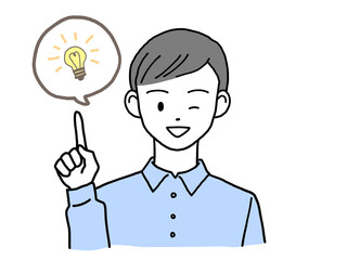 指差しポーズをとる若い男性 ひらめき 吹き出し 左手