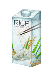 Watercolor carton of plant based rice milk isolated on the white background