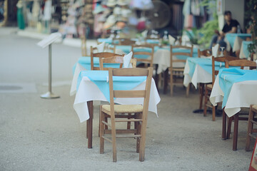 abstract blurred background street cafe in the city, no people, empty, summer restaurant quarantine