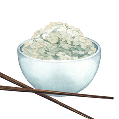 Watercolor bowl of white rice with the wooden sticks