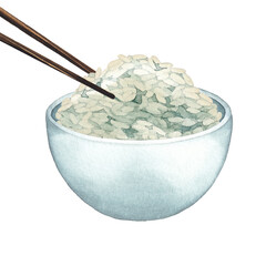 Watercolor bowl of white rice with the wooden sticks