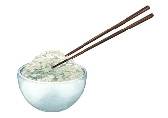 Watercolor bowl of white rice with the wooden sticks