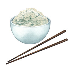 Watercolor bowl of white rice with the wooden sticks
