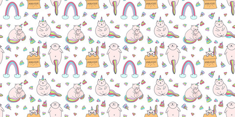 Funny magical creature caticorn seamless pattern