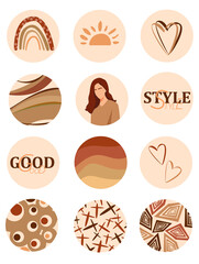 Set of linear icons for eternal stories, icons for social accounts. Social Network Highlights Cover. Abstract Boho Earthy Terracotta and Mint Shapes and Elements. Vector Design. for screensavers, 
