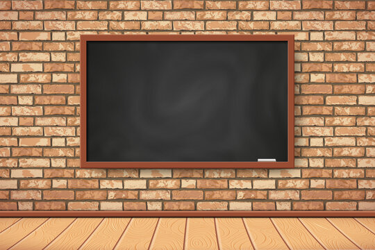 Flat Interior with empty black chalkboard on brown brick wall. Trendy classroom wih class board scenery interior. Vector Illustration for web, poster mockup, exposition, school class design background