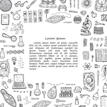 Illustration with hand drawn biology images and other elemets. Science collection. Vector.