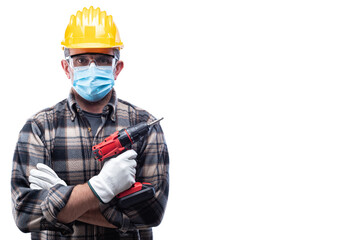 Fototapeta na wymiar Carpenter worker isolated on white background, wears helmet, goggles, leather gloves and surgical mask to prevent coronavirus infection. Preventing Pandemic Covid-19 at the workplace.