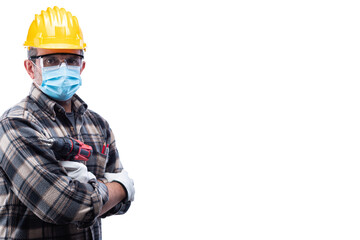 Carpenter worker isolated on white background, wears helmet, goggles, leather gloves and surgical mask to prevent coronavirus infection. Preventing Pandemic Covid-19 at the workplace.