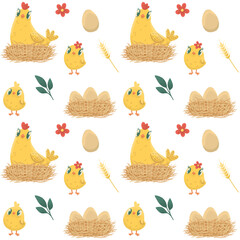 Chicken and eggs in nest seamless pattern