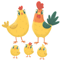 Yellow chicken family digital illustration