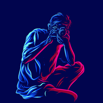 Male photographer take photo logo line pop art potrait colorful design with dark background. Abstract vector illustration.