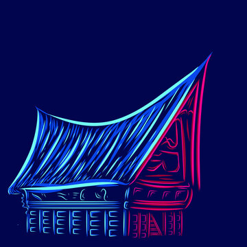 Indonesian batak house building asian house logo line pop art potrait colorful design with dark background. Abstract vector illustration.