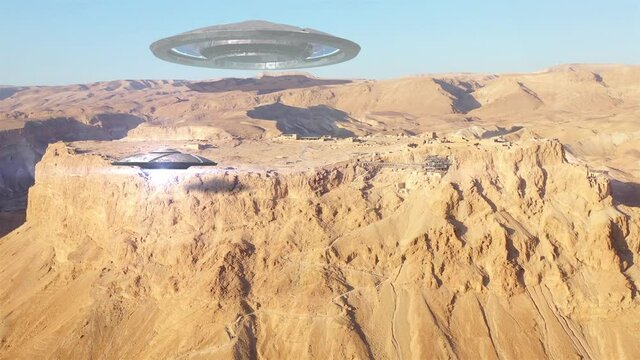 Alien Ufo Saucers over Ancient City in the desert- Aerial
Drone view over Masada close to dead sea in Israel, Live footage with visual effect elements,4K
