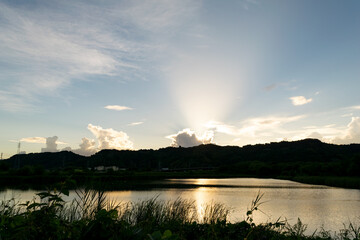 夏の麻機遊水地の日没風景　静岡市