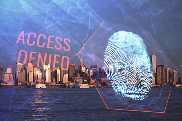 Double exposure of finger print hologram and cityscape background. Concept of personal security.