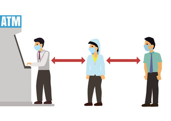 Men character wearing mask maintain social distancing