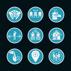 new normal, , after coronavirus disease covid 19, blue silhouette icons pack
