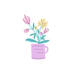 Bouquet of different flowers in cup. Vector illustration hand drawn flat cartoon style. 