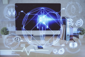 Desktop computer background and education theme drawing. Double exposure. Study concept.