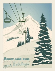 Winter landscape with ropeway station and ski cable cars. Snowy country scene vector illustration. Ski resort concept. For websites, wallpapers, posters or banners. - 381840126