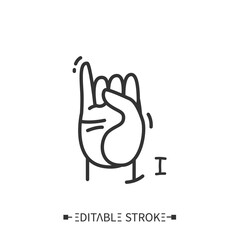 Hand gesture showing I letter line icon. Fingerspelling American language. Sign alphabet for deaf-mutes. Communication for disabled people. Mudra. Isolated vector illustration. Editable stroke