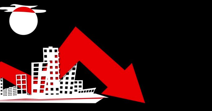 Austere business background with a city silhouette and a red graph arrow going down. The tendency to decline, decline, recession and fall in the exchange rate.