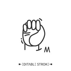 Hand gesture showing M letter line icon. Fingerspelling American language. Sign alphabet for deaf-mutes. Communication for disabled people. Mudra. Isolated vector illustration. Editable stroke