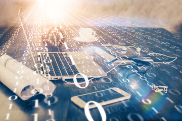 Double exposure of table with computer on background and data theme drawing. Concept of innovation.