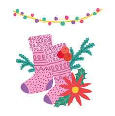 merry christmas, stocking poinsettia flower and lights decoration celebration card for greeting