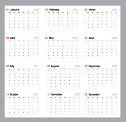 2021 calendar planner set for template corporate design week start on Monday.