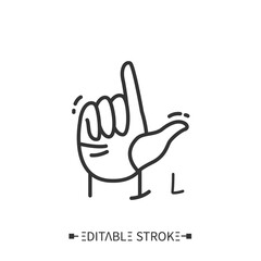 Hand gesture showing letter L line icon. Fingerspelling American sign language alphabet for deaf-mutes. Communication for disabled people. Loser sign. Isolated vector illustration. Editable stroke