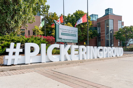 Pickering, On, Canada - September 26, 2020: A sign saying "Pickeringproud" is seen in front of Pickering City Hall in Ontario, Canada on September 26, 2020.  