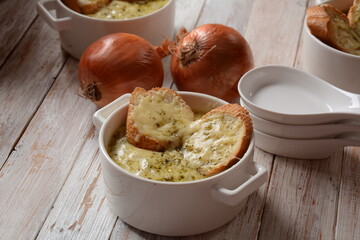 French Onion Soup with toasted bread and cheddar cheese
