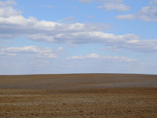 A plowed agricultural field. Blue sky over a farm field.